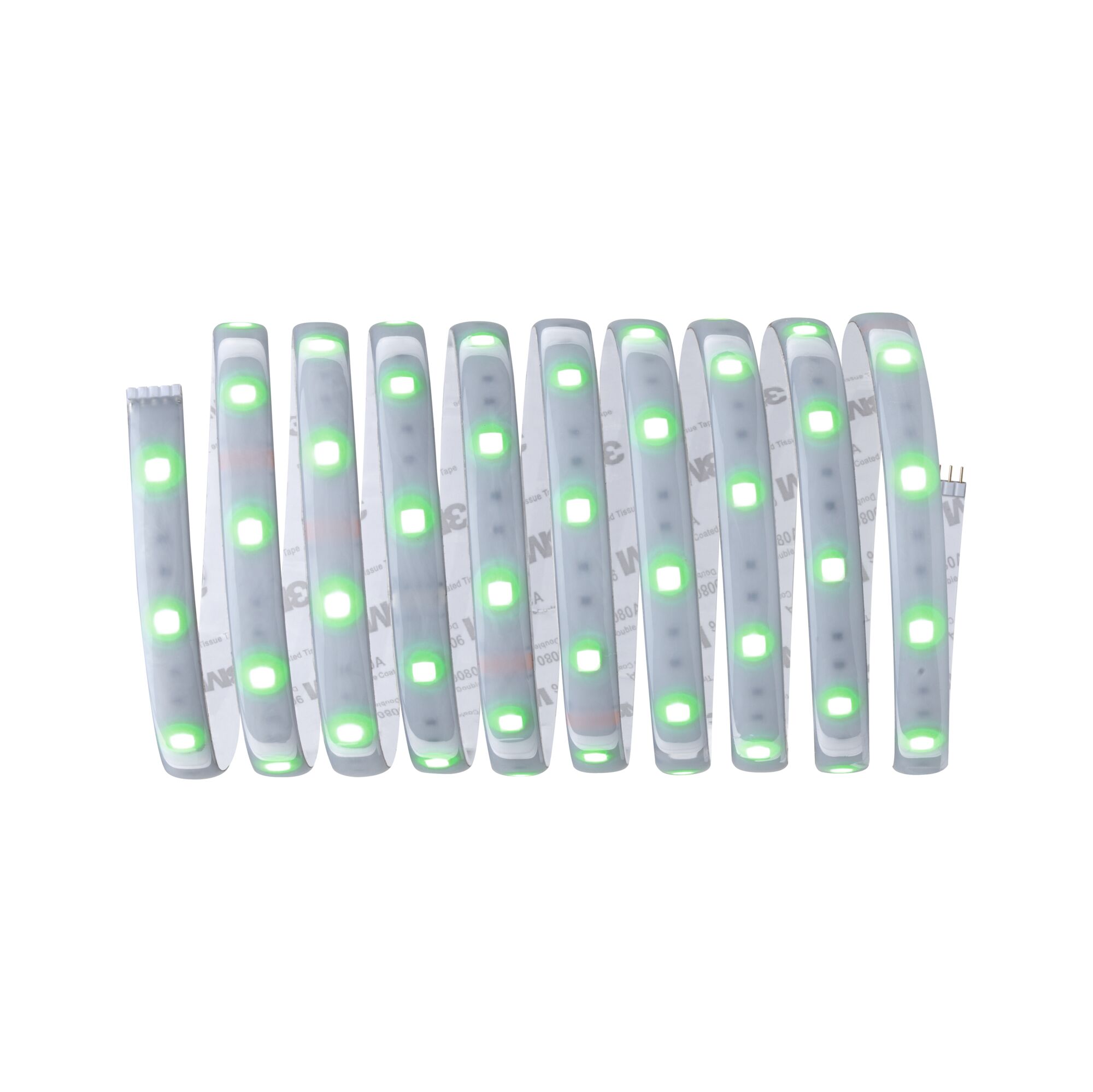 Flexibler LED-Lichtstreifen mit grün leuchtenden LEDs und selbstklebender Rückseite für vielseitige Beleuchtung.