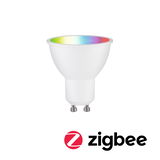 White LED spotlight with GU10 base and multicolor light for smart Zigbee lighting solutions