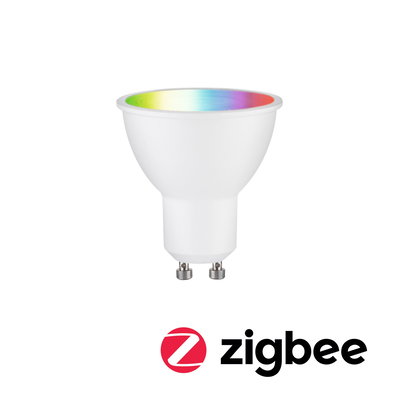 White LED spotlight with GU10 base and multicolor light for smart Zigbee lighting solutions