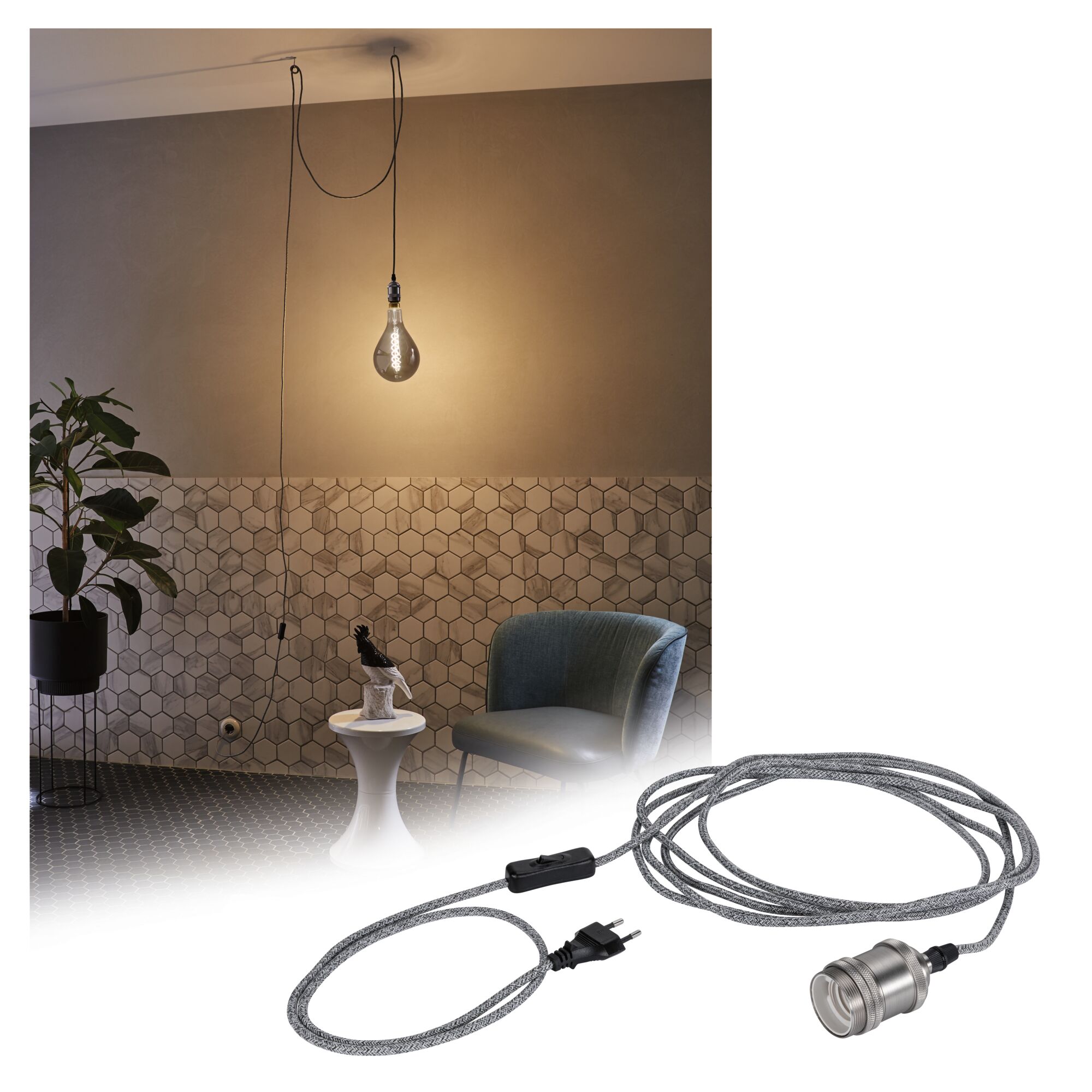 Neordic Luminaire en suspension Eldar connecteur inclus E27 max. 20W Gris/Nickel gradable Métal Câble textile gris avec interrupteur et douille en métal pour lampe suspendue, accessoire d'éclairage moderne