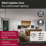 URail Lightbar Ceris white LED ceiling light with integrated diffuser and 3-step dim function for living spaces