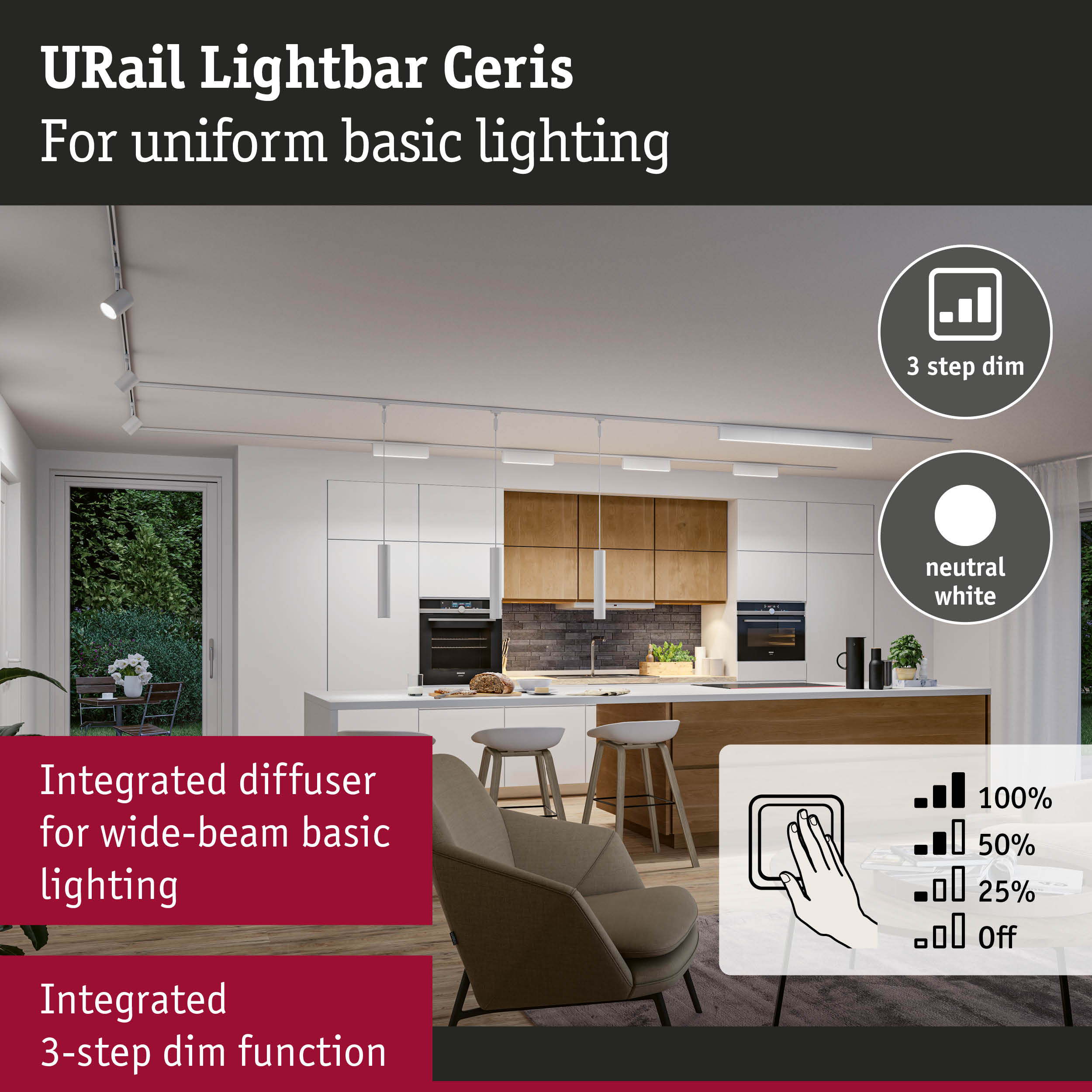 URail Lightbar Ceris white ceiling light with integrated diffuser and 3-step dim function for basic lighting