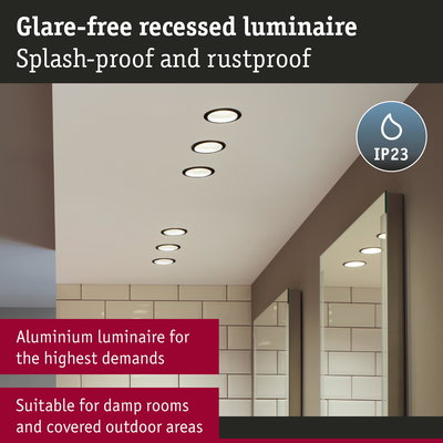 Glare-free black aluminium recessed luminaire with IP23 rating for damp rooms and covered outdoor use