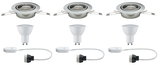 Drei Einbaustrahler aus gebürstetem Edelstahl mit GU10 LED-Lampen und weißen Anschlusskabeln für LED-Beleuchtung