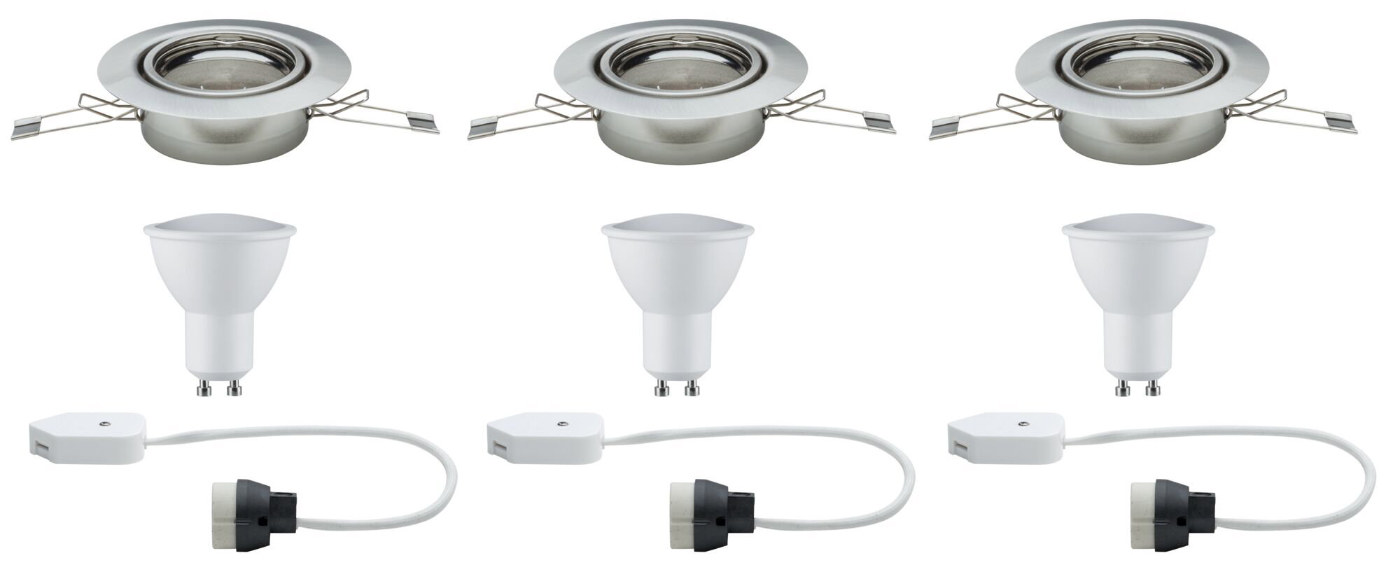 Drei Einbaustrahler aus gebürstetem Edelstahl mit GU10 LED-Lampen und weißen Anschlusskabeln für LED-Beleuchtung
