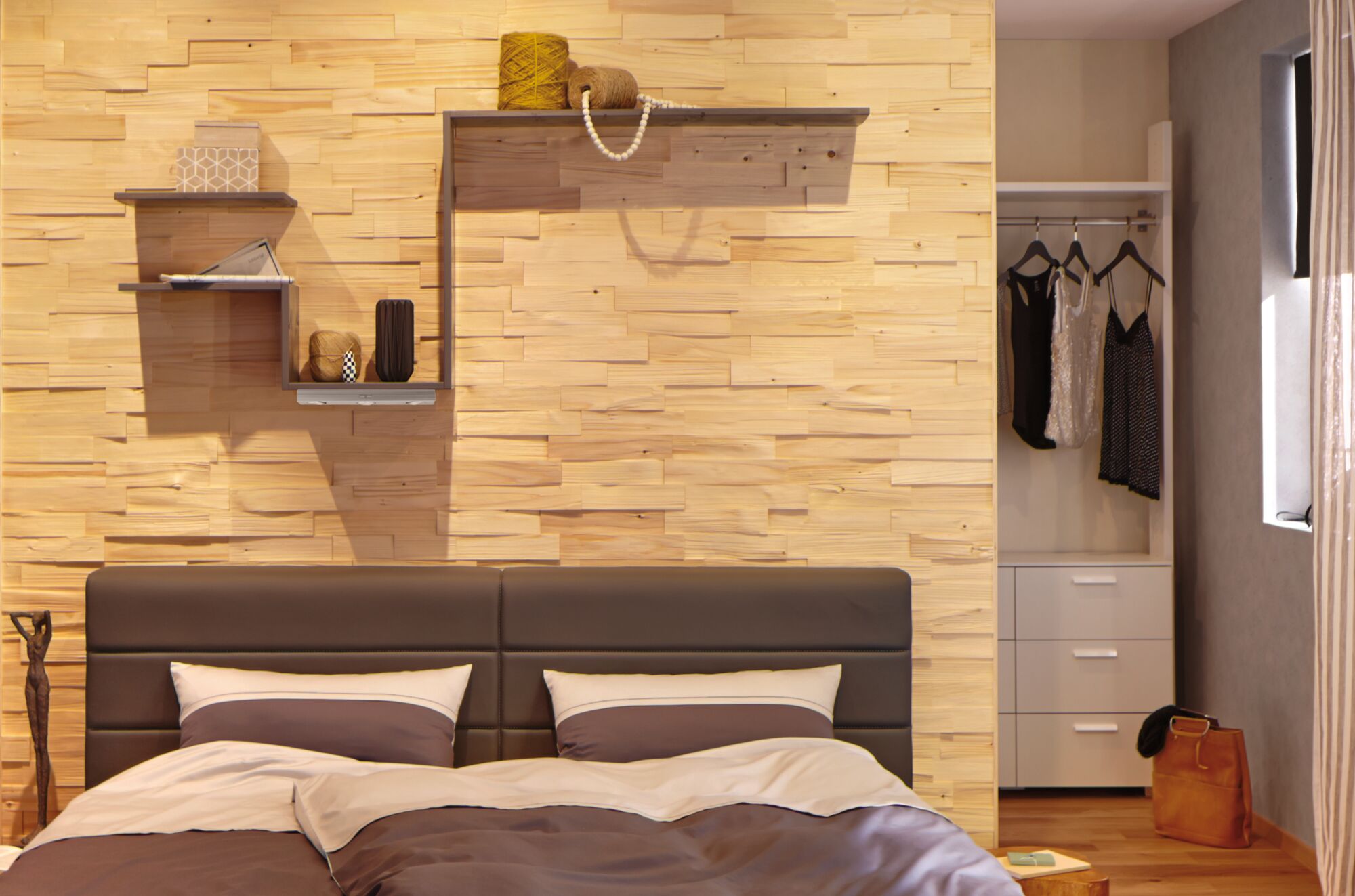 Modernes Schlafzimmer mit braunem Lederbett, Holzpaneelwand und dekorativen Wandregalen aus Metall.