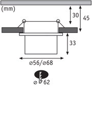 Technische Zeichnung mit Maßen für Einbauleuchte Ø56/68 mm, Einbautiefe 33 mm, Ausschnitt Ø62 mm