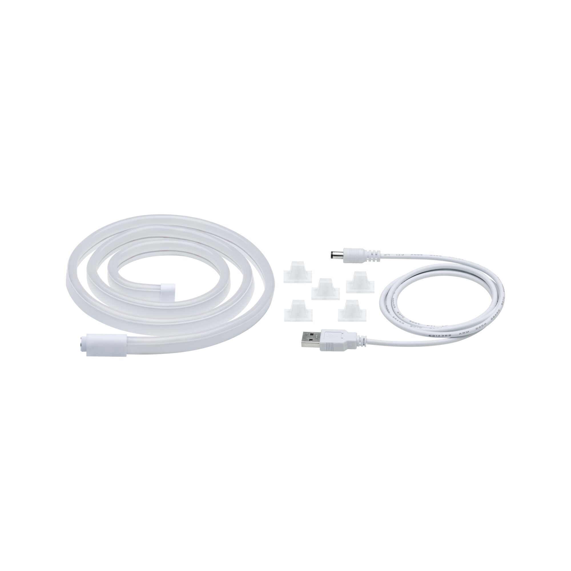 White LED light strip with USB cable and six clear clips for versatile lighting setups.