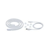 White LED light strip with USB cable and six clear clips for versatile lighting setups.