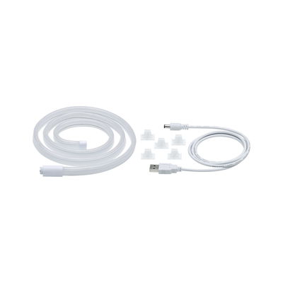 White LED light strip with USB cable and six clear clips for versatile lighting setups.