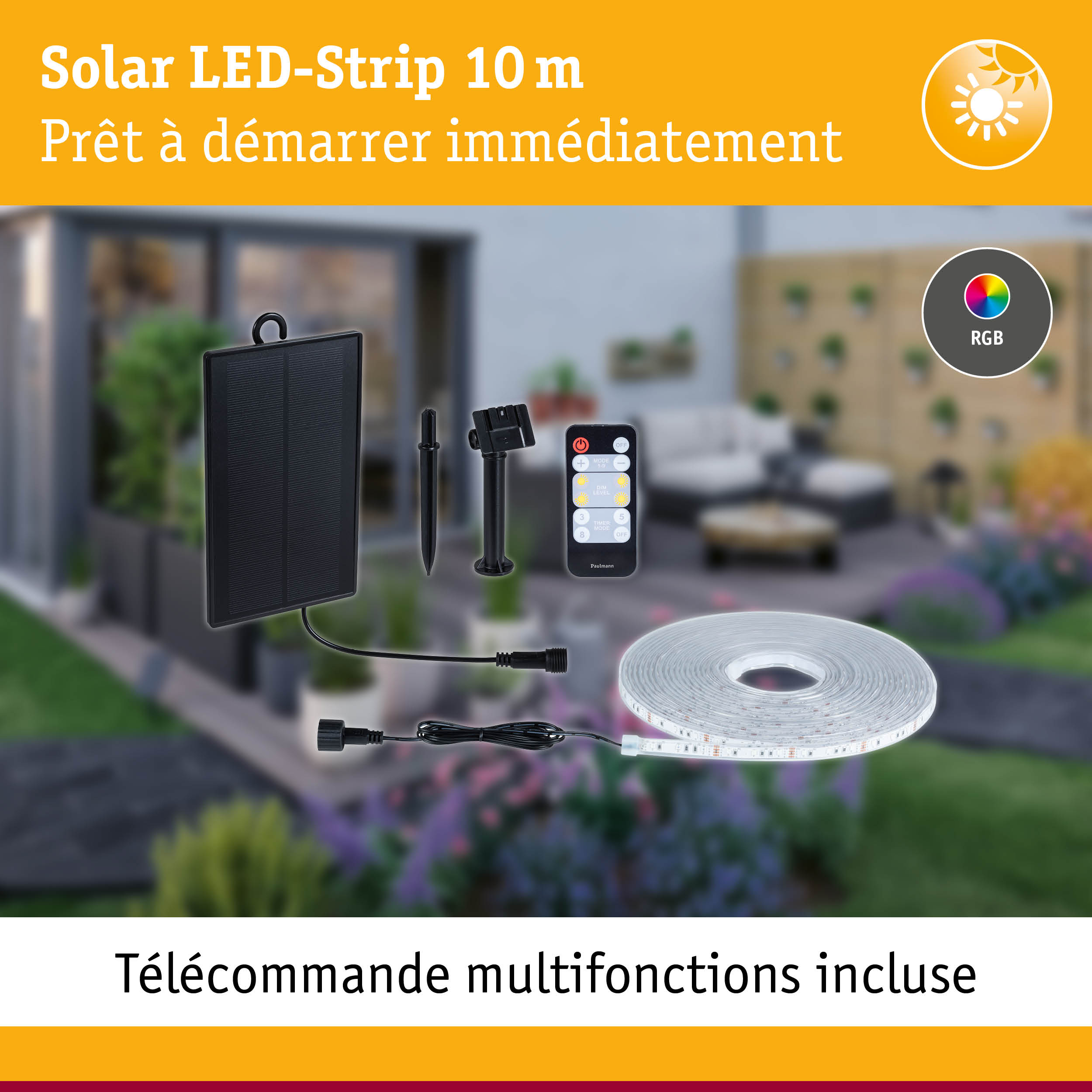 Bande LED solaire 10 m avec télécommande et changement de couleur RGB pour éclairage extérieur