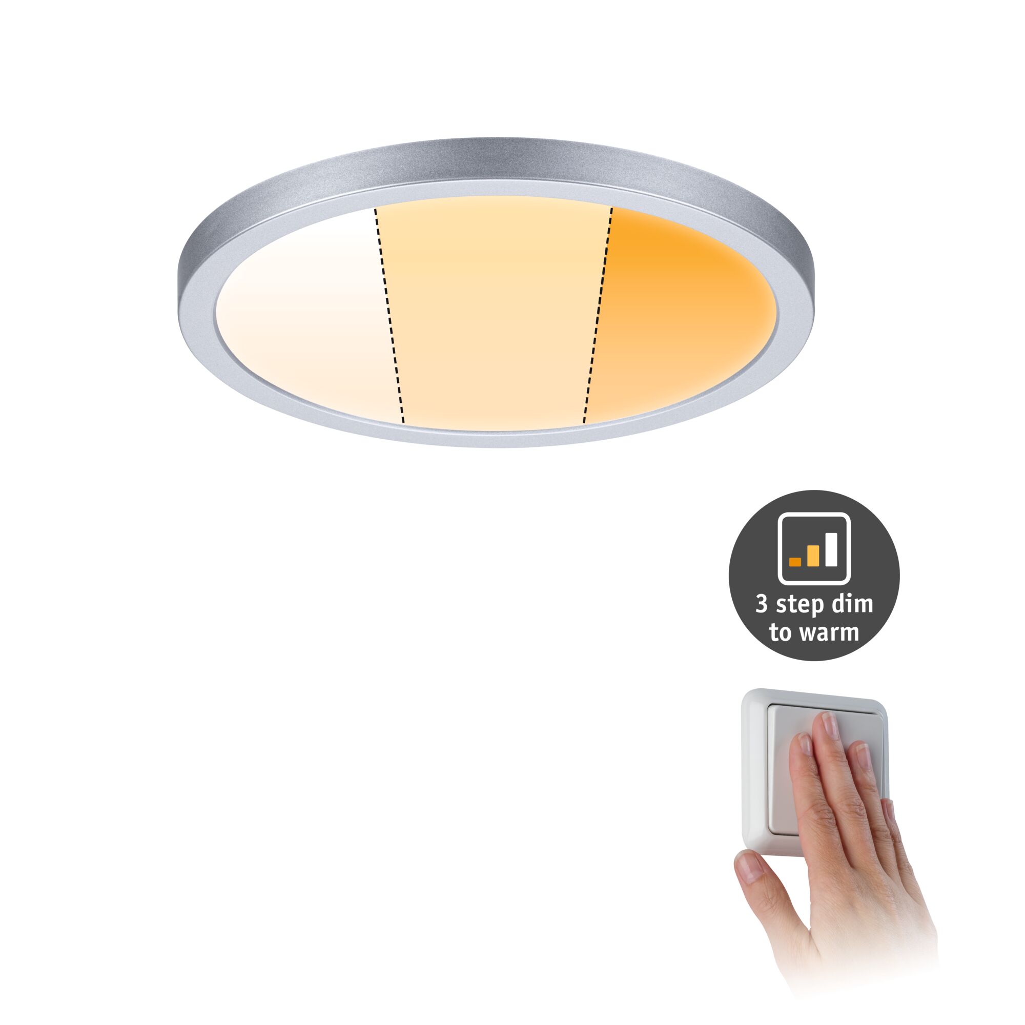 Round LED ceiling light with silver aluminum frame and three-step dimmable warm white lighting.