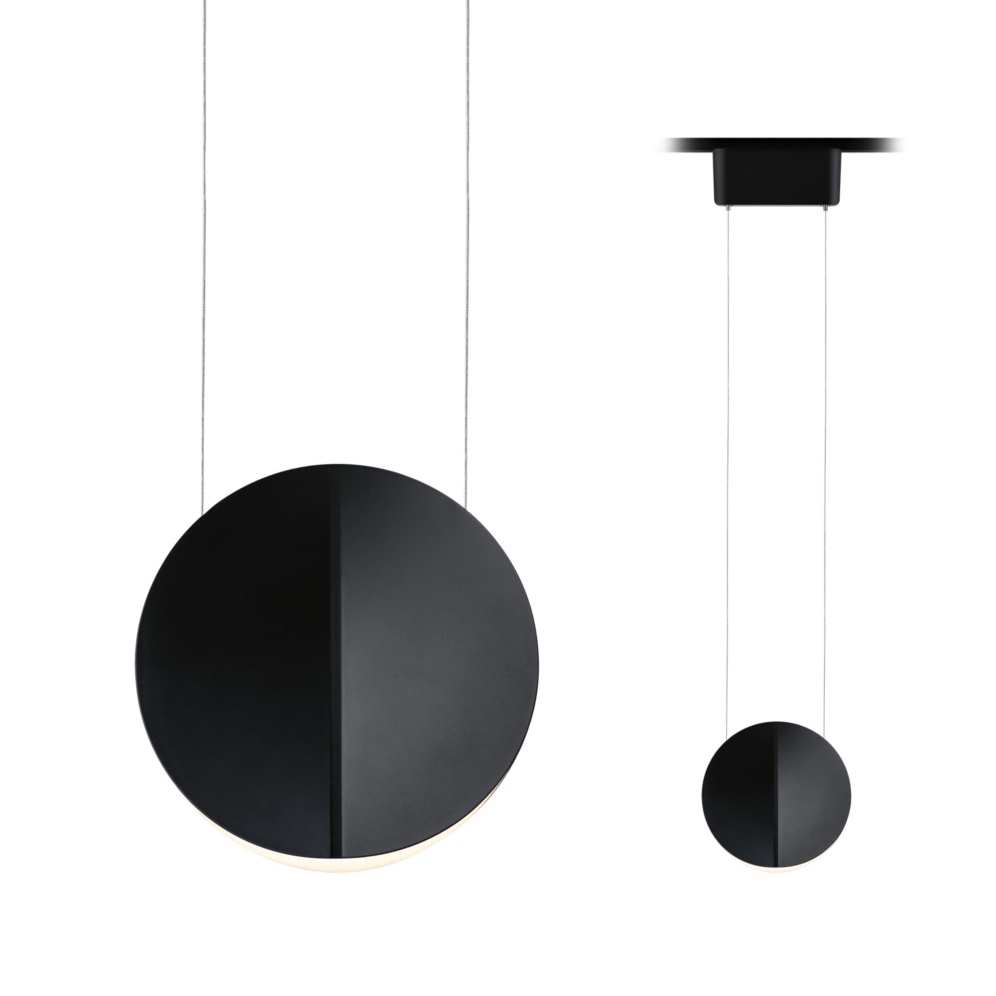Round black metal LED pendant light with minimalist design and dimmable lighting for modern interiors