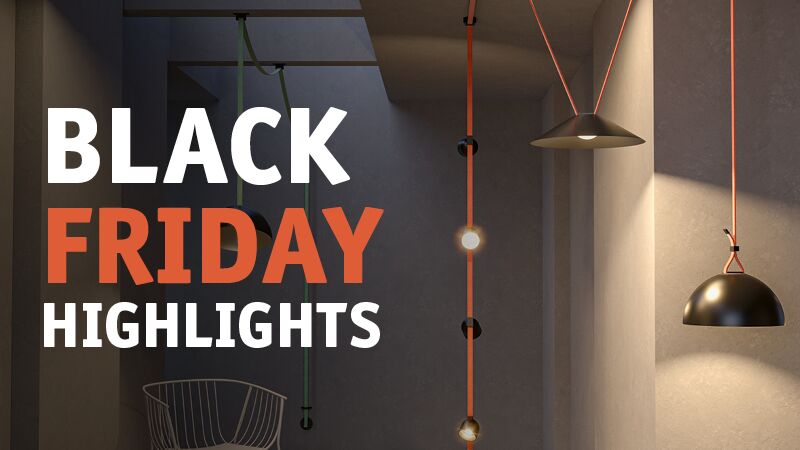 Moderne schwarze Pendelleuchten mit orangen Kabeln in minimalistischem Raum mit Black Friday Highlights Schriftzug