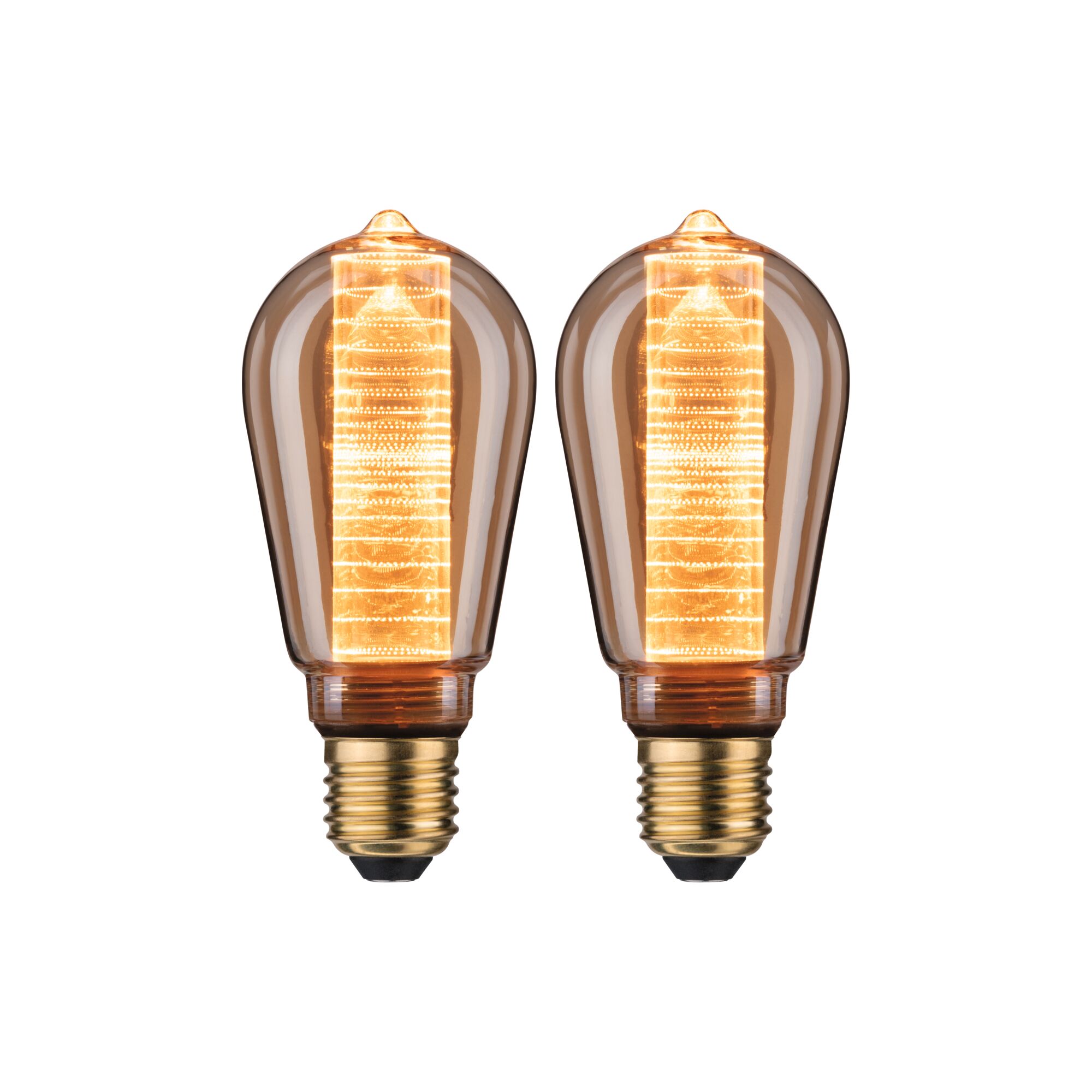 Zwei dekorative LED-Glühbirnen mit bernsteinfarbenem Glas und goldfarbenem Sockel für stimmungsvolle Beleuchtung