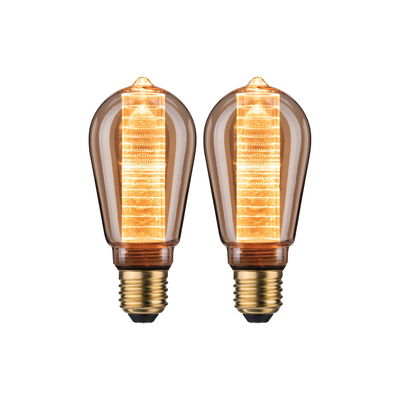 Zwei dekorative LED-Glühbirnen mit bernsteinfarbenem Glas und goldfarbenem Sockel für stimmungsvolle Beleuchtung