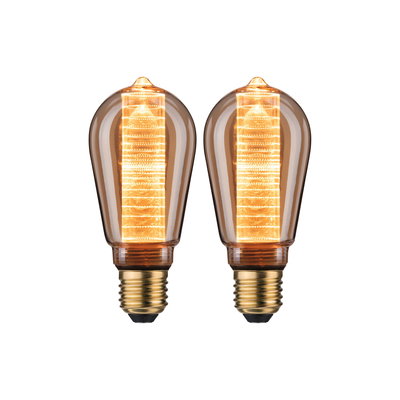 Zwei dekorative LED-Glühbirnen mit bernsteinfarbenem Glas und goldfarbenem Sockel für stimmungsvolle Beleuchtung