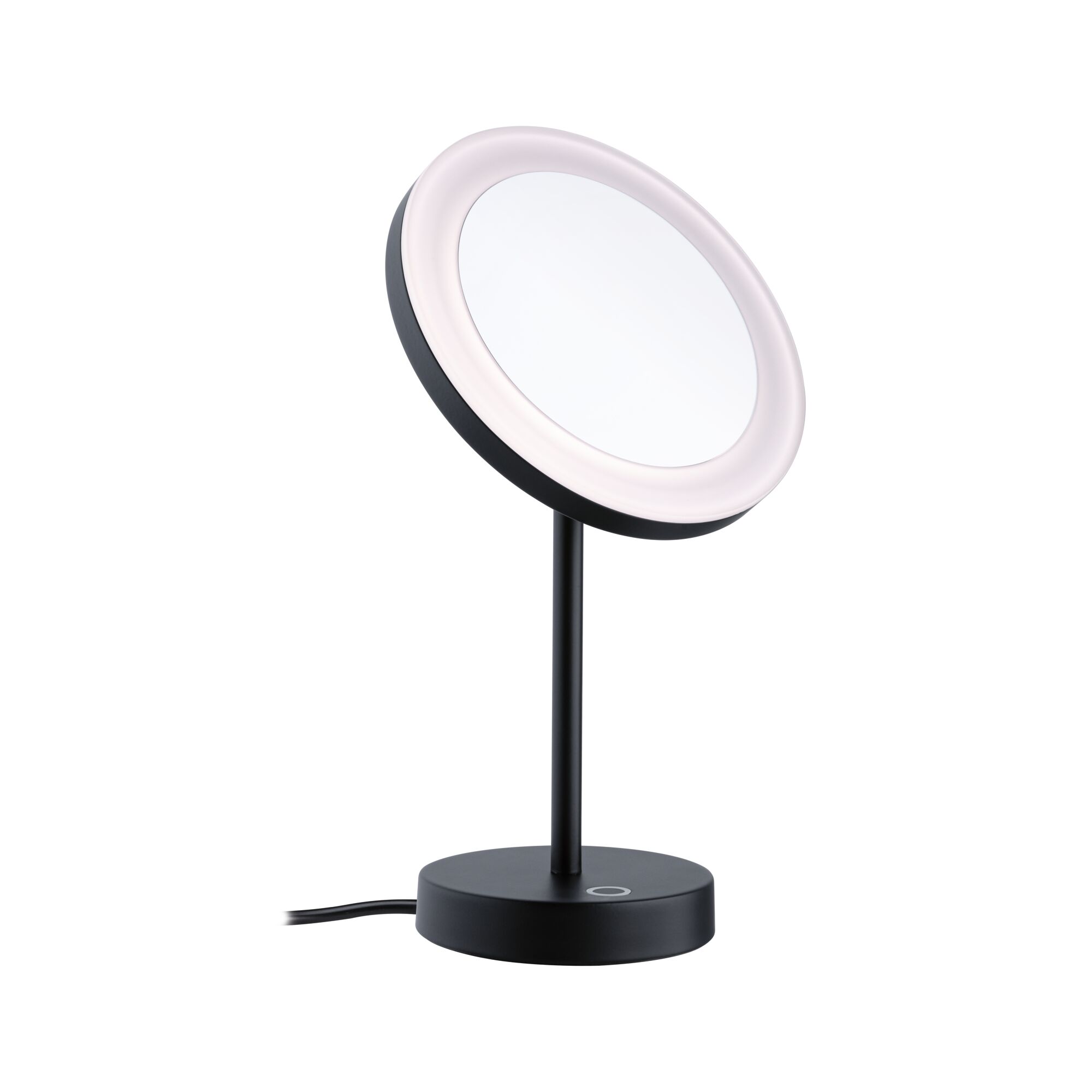 Schwarzer LED-Tischspiegel mit runder Beleuchtung und Touch-Schalter für präzises Make-up und Styling