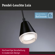 Schwarze Pendel-Leuchte Luia mit weißem Glasdiffusor für modernes Badezimmerlicht