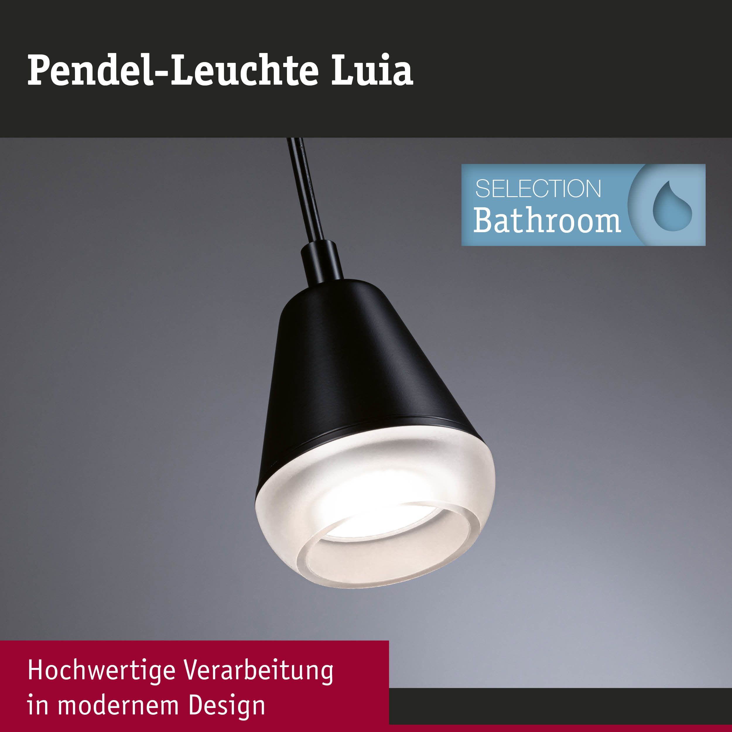 Schwarze Pendel-Leuchte Luia mit weißem Glasdiffusor für modernes Badezimmerlicht