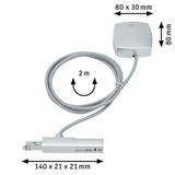 Silver LED accessory with 2 m cable and compact dimensions 140x21x21 mm and 80x30x80 mm for lighting systems.