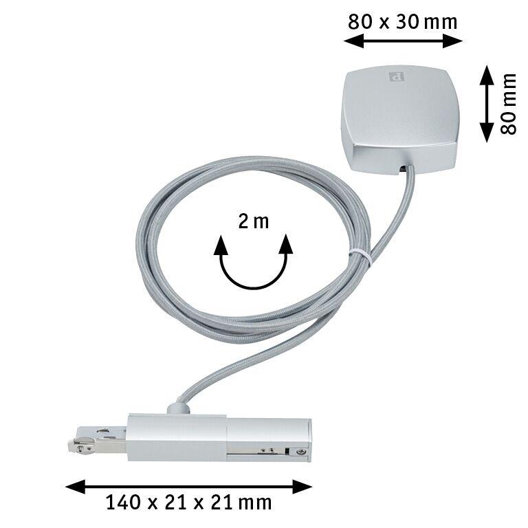 Silver LED track connector with 2m cable, dimensions 140x21x21 mm and 80x30x80 mm, lighting accessory