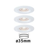 Three white LED recessed spotlights with 35 mm diameter for energy-efficient room lighting