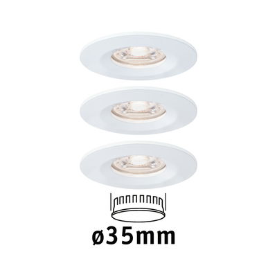 Three white LED recessed spotlights with 35 mm diameter for energy-efficient room lighting