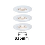 Three white LED recessed spotlights with 35 mm diameter for energy-efficient room lighting