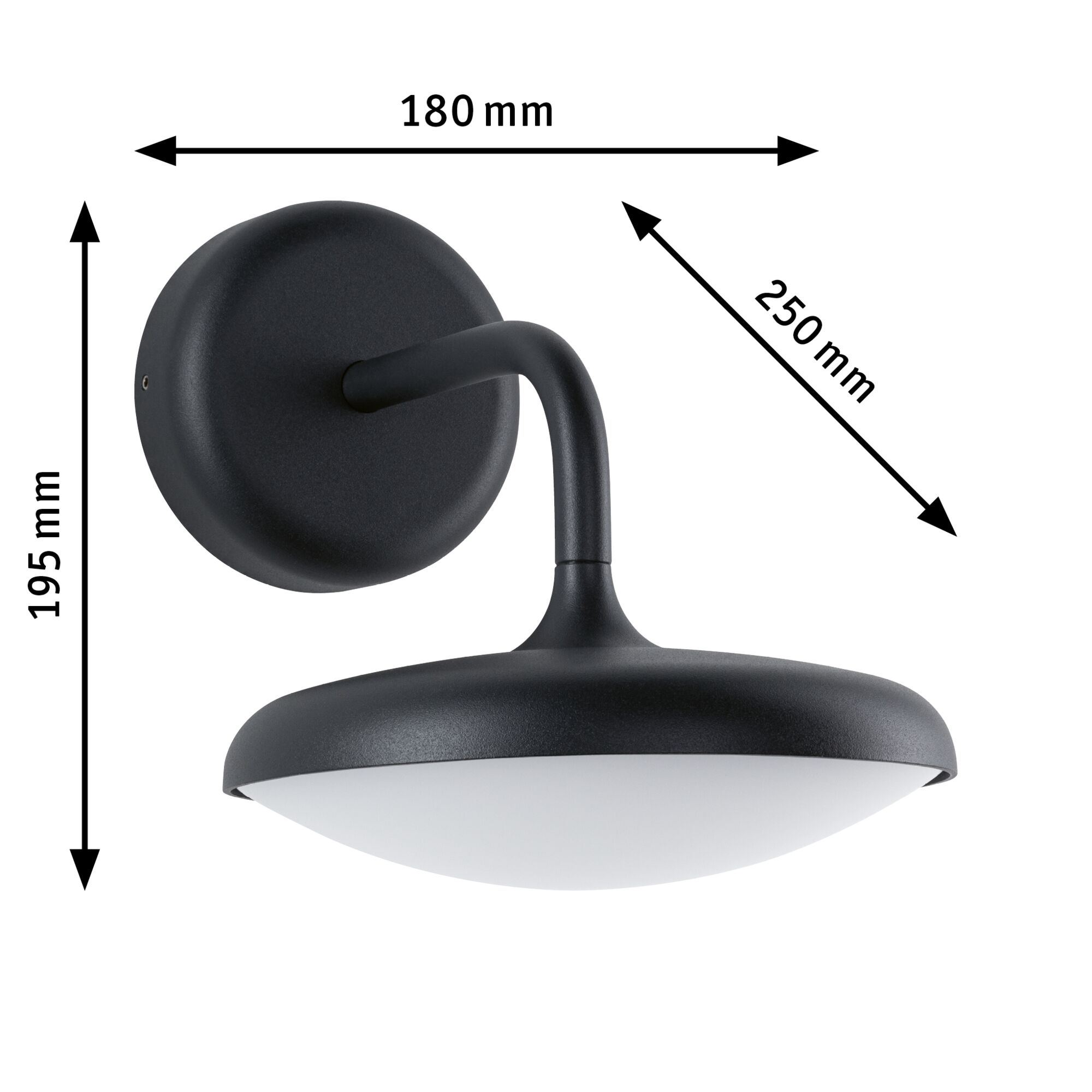 Zwarte metalen wandlamp met witte diffuser, afmetingen 180x195x250 mm, moderne LED-verlichting