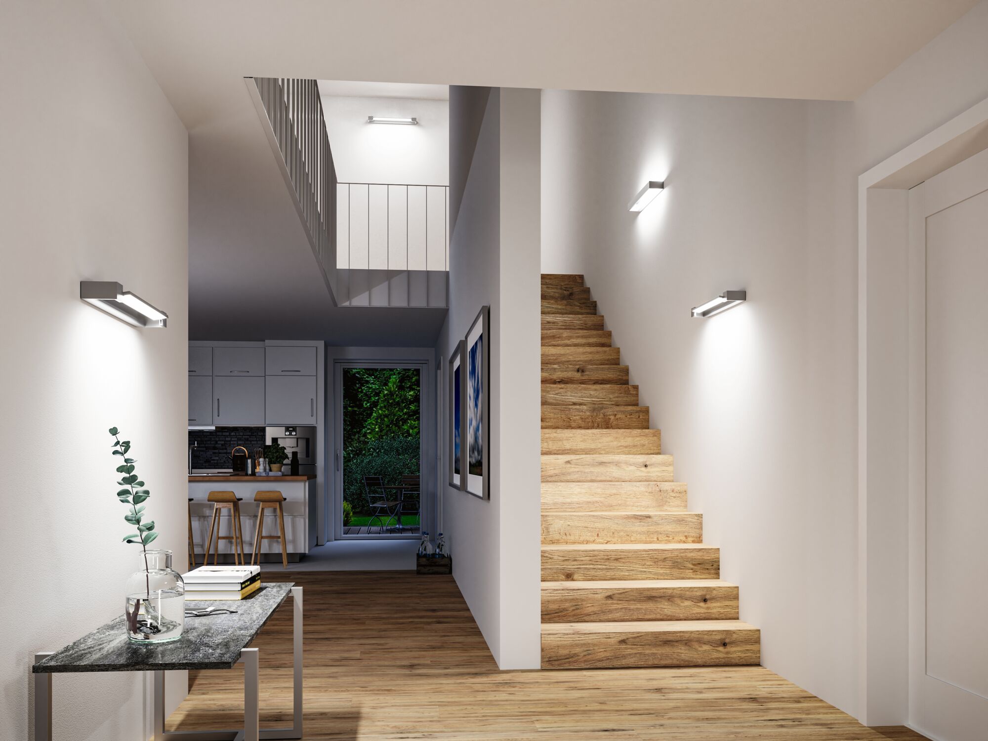 Moderner Flur mit Holztreppe und minimalistischen Wandlampen in Weiß für Wohnraumbeleuchtung