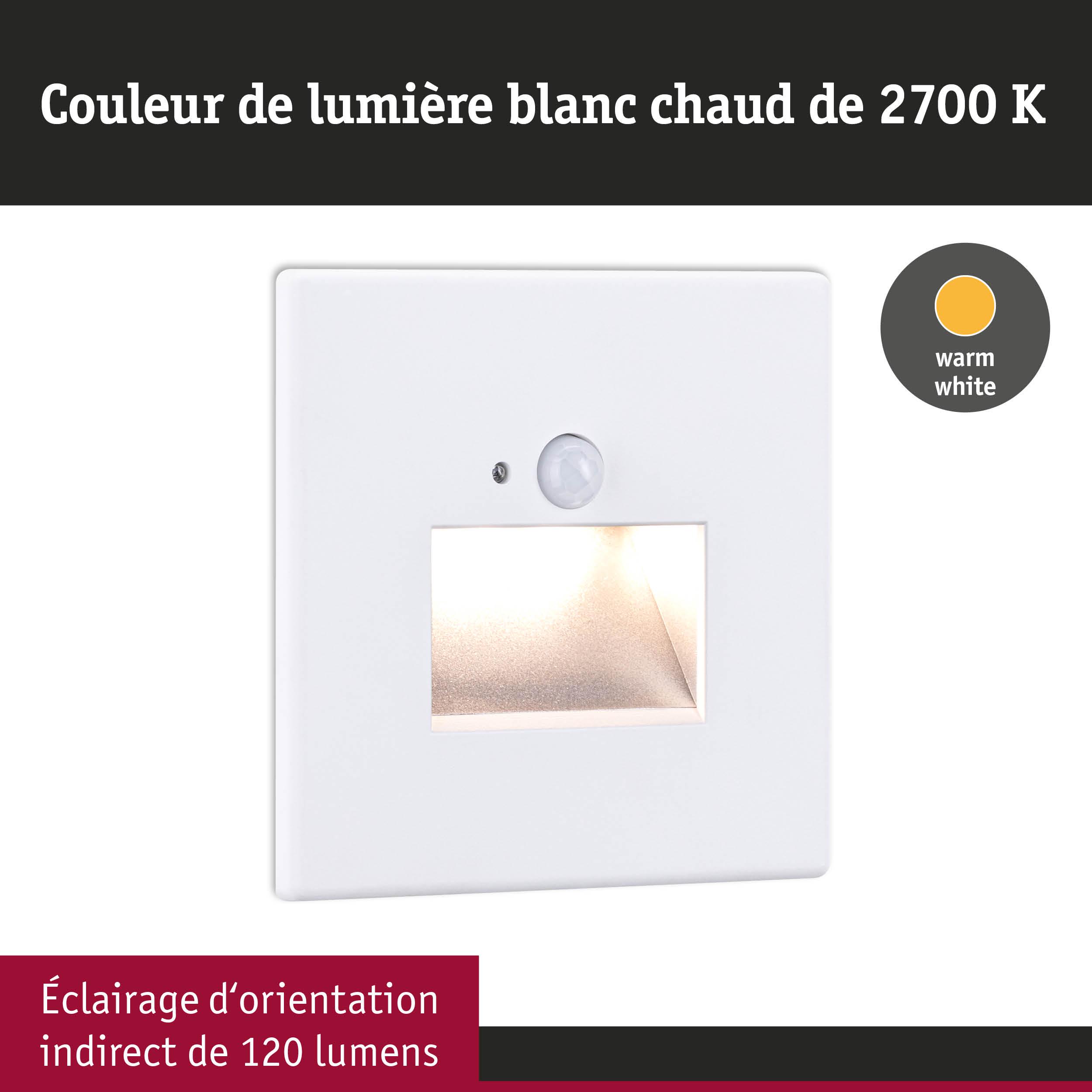 Applique murale LED blanche avec détecteur de mouvement et lumière blanc chaud 2700K, 120 lumens éclairage d’orientation