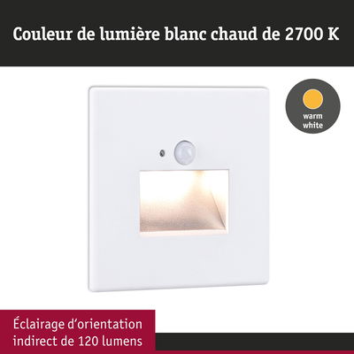 Applique murale LED blanche avec détecteur de mouvement et lumière blanc chaud 2700K, 120 lumens éclairage d’orientation