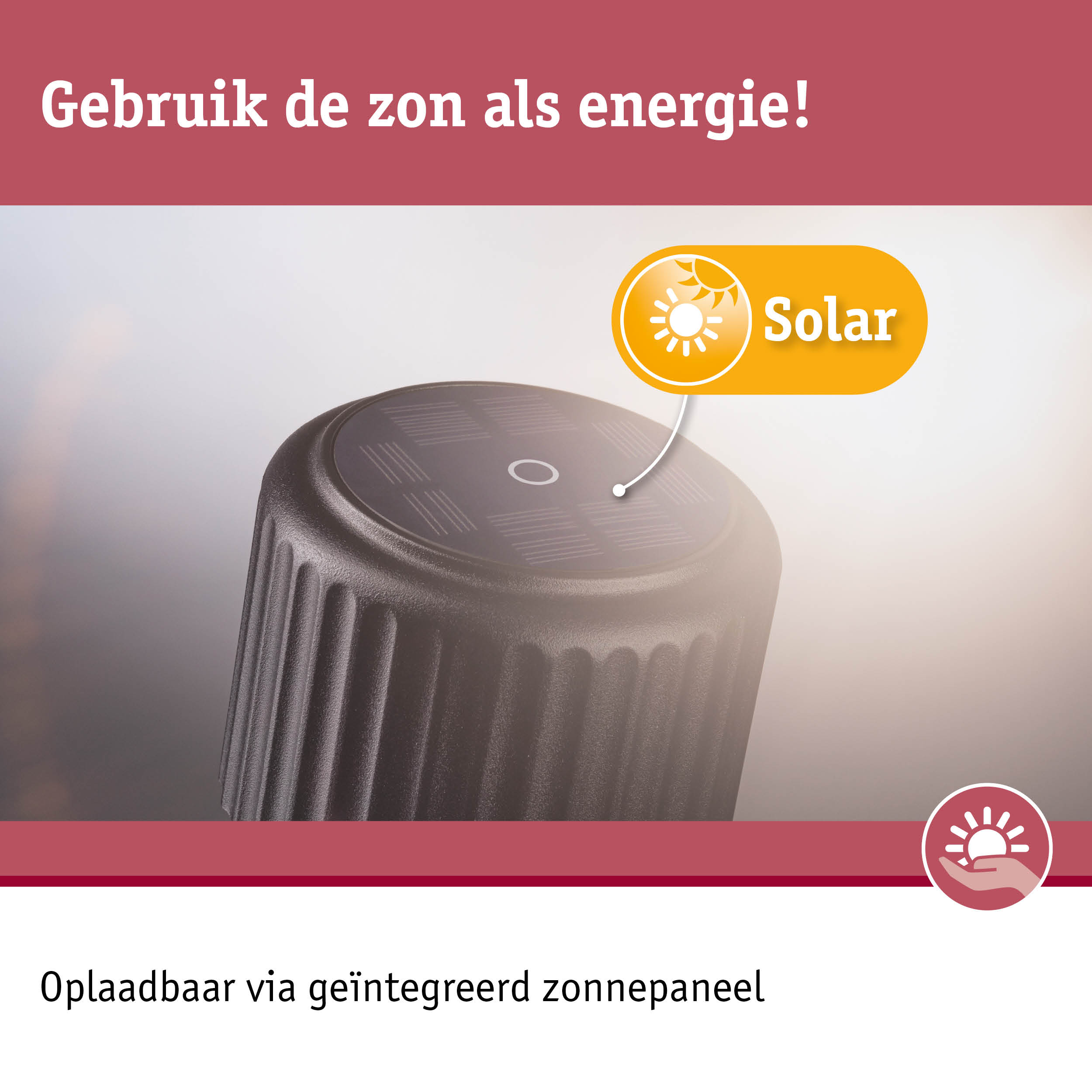 Zwarte solar laadknop met geïntegreerd zonnepaneel voor duurzame energie.