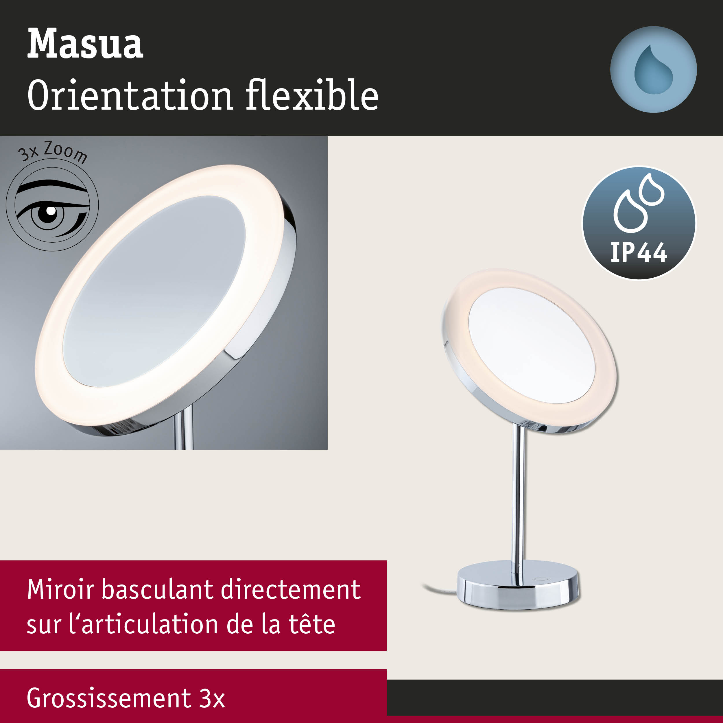 Miroir de table LED Masua avec tête flexible, grossissement 3x et protection IP44 finition chrome