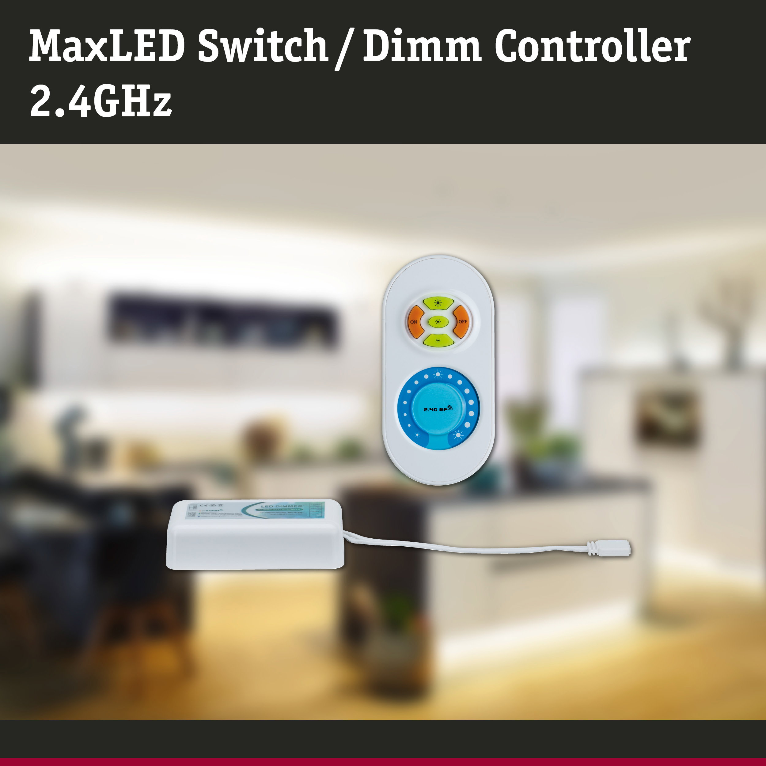 White MaxLED Switch Dimm Controller 2.4 GHz remote for LED lighting and dimming control