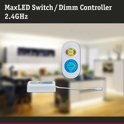 White MaxLED Switch Dimm Controller 2.4 GHz remote for LED lighting and dimming control
