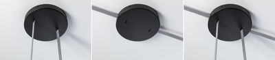 Black round metal ceiling mount with grey textile cables for modern pendant lighting fixtures.