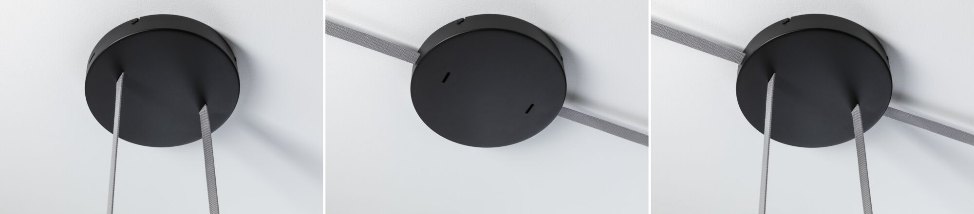 Sort rund metal loftbeslag med grå tekstilkabler til moderne pendellamper.
