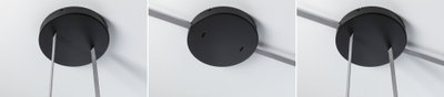Sort rund metal loftbeslag med grå tekstilkabler til moderne pendellamper.