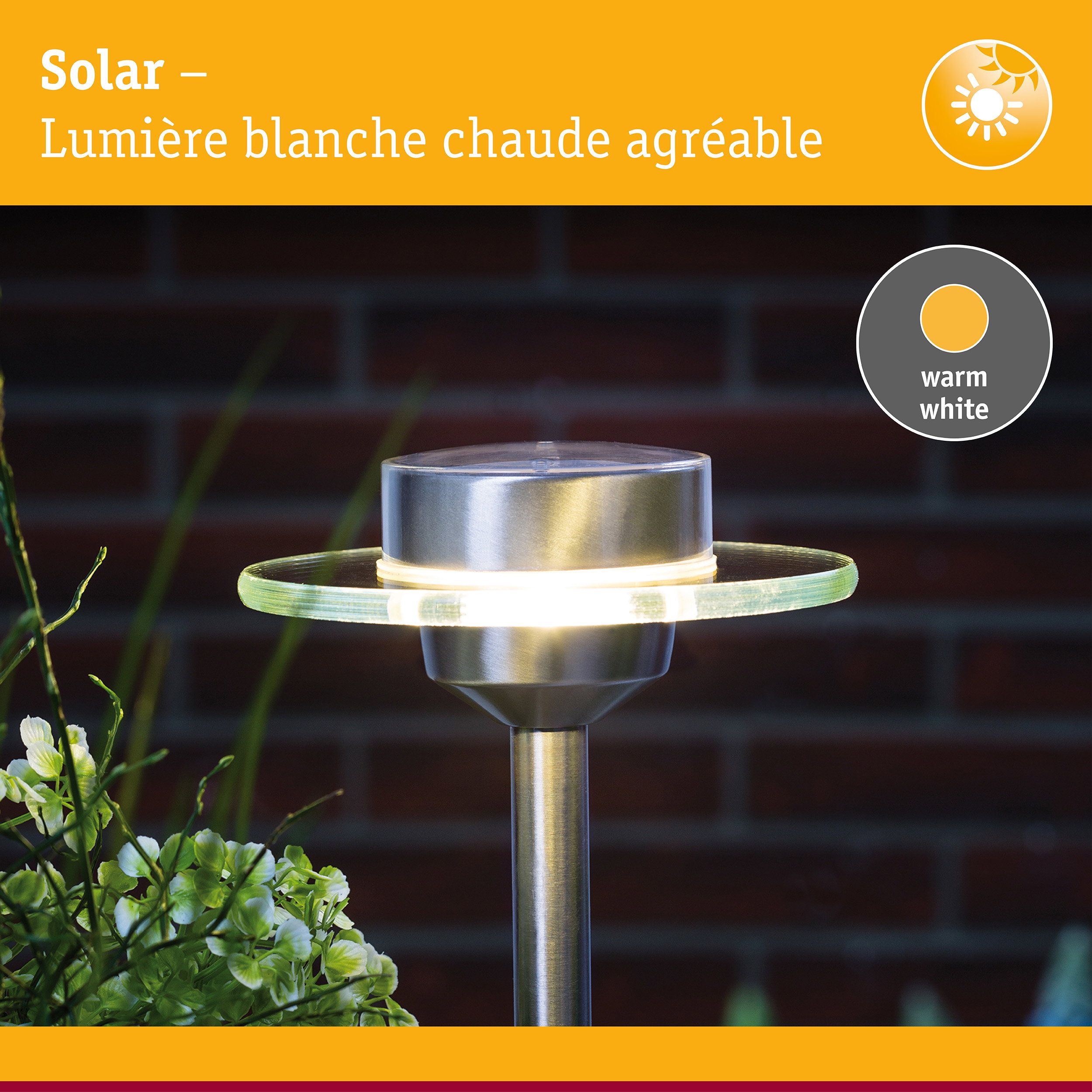 Lampe solaire en acier inoxydable avec lumière blanche chaude et anneau en verre pour jardin
