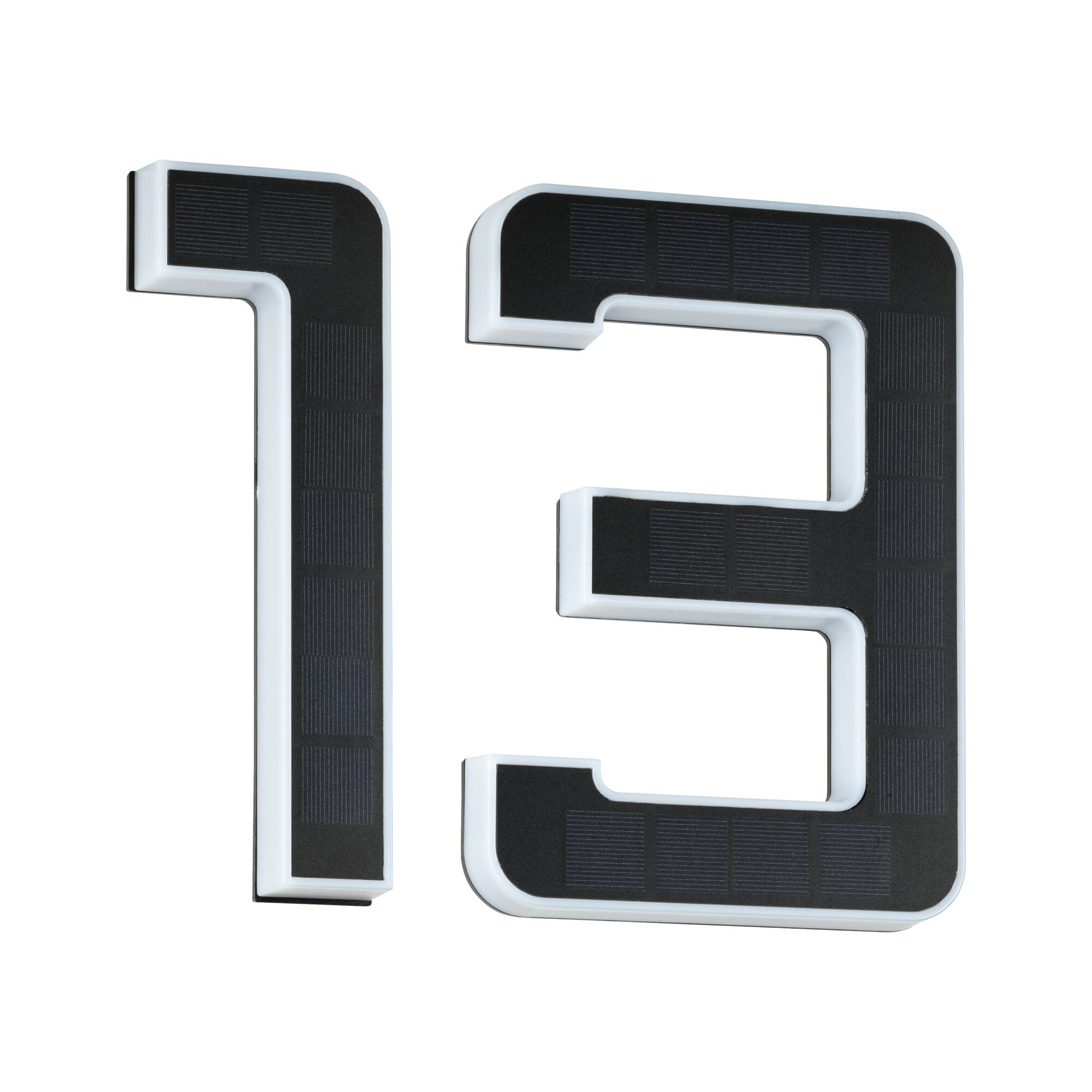 Black solar house number 13 with white plastic frame for outdoor lighting and address display.