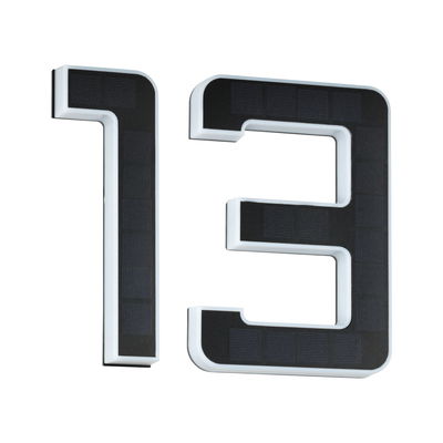 Black solar house number 13 with white plastic frame for outdoor lighting and address display.
