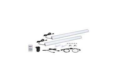 LED under-cabinet light set with remote, white plastic housing, includes power adapter and mounting parts