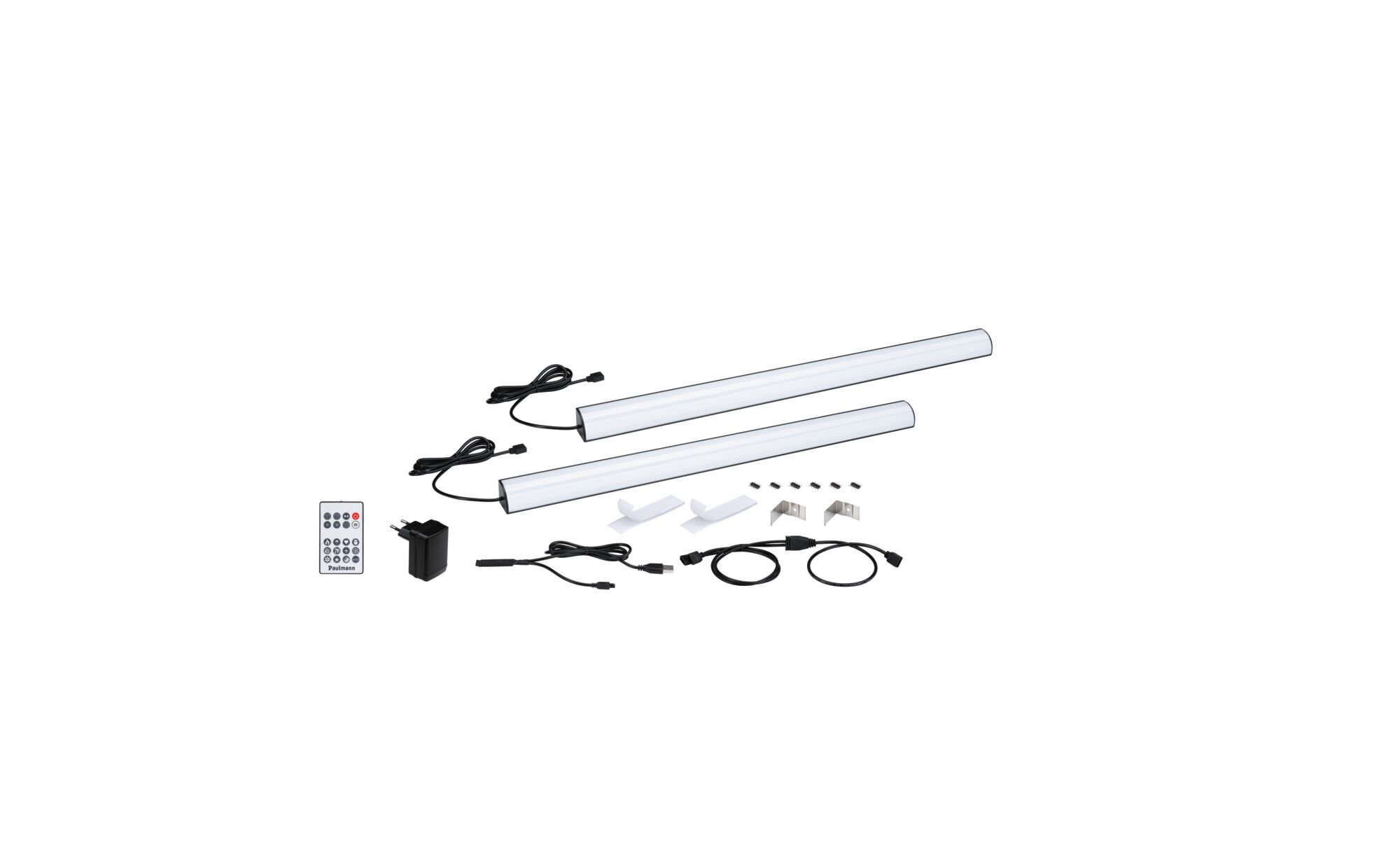 White LED under-cabinet light set with remote control and accessories for versatile lighting