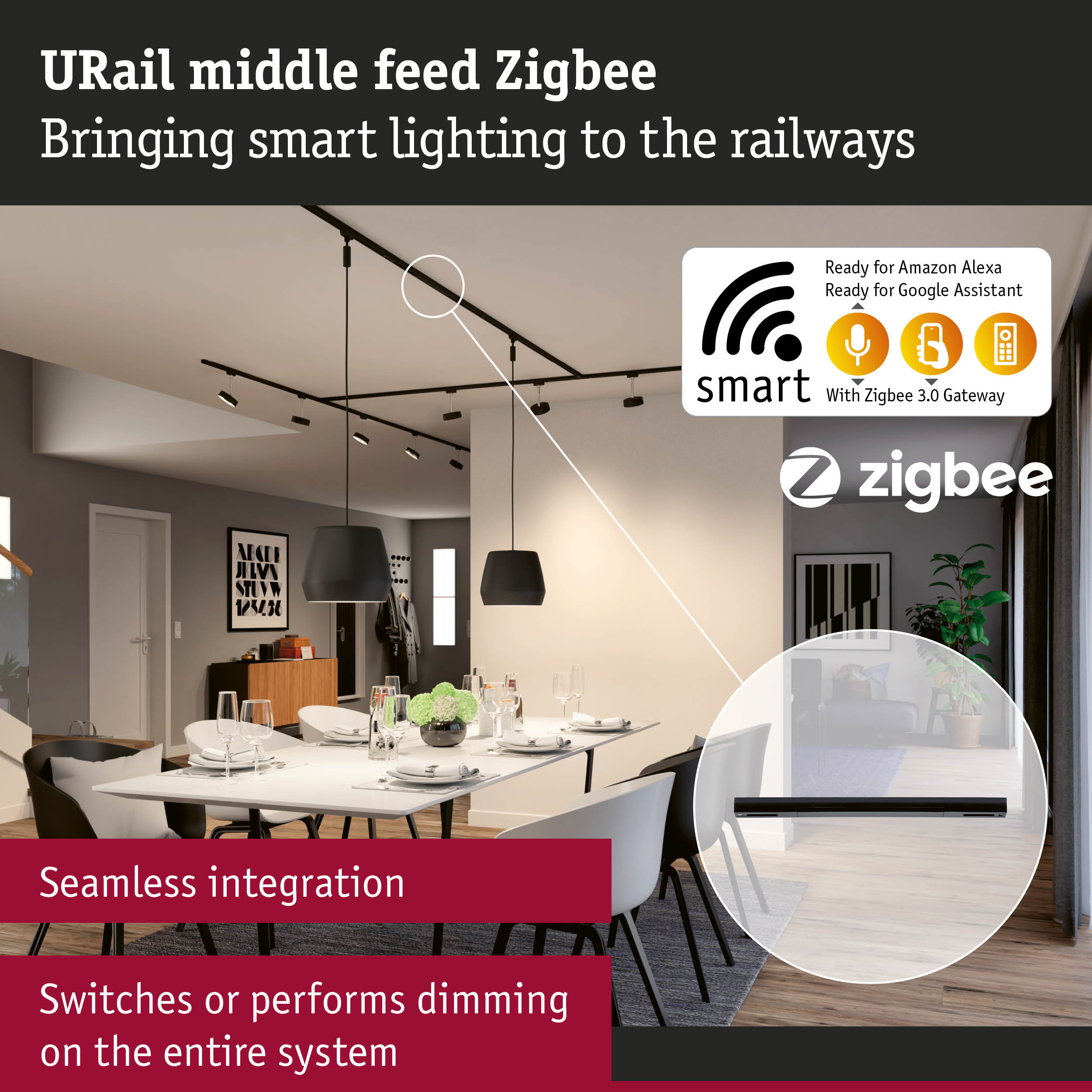 URail Middle Feed Zigbee smart lighting system with seamless integration and Alexa control in modern dining room