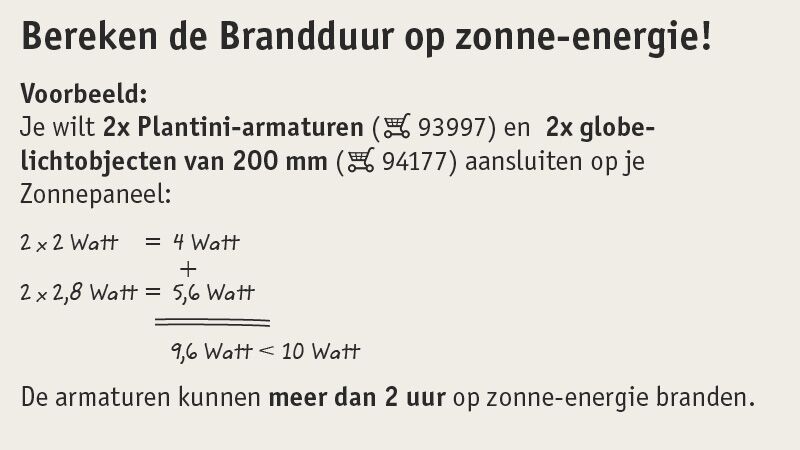 Berekening van brandduur van lampen op zonne-energie met watt-voorbeeld in Nederlandse tekst
