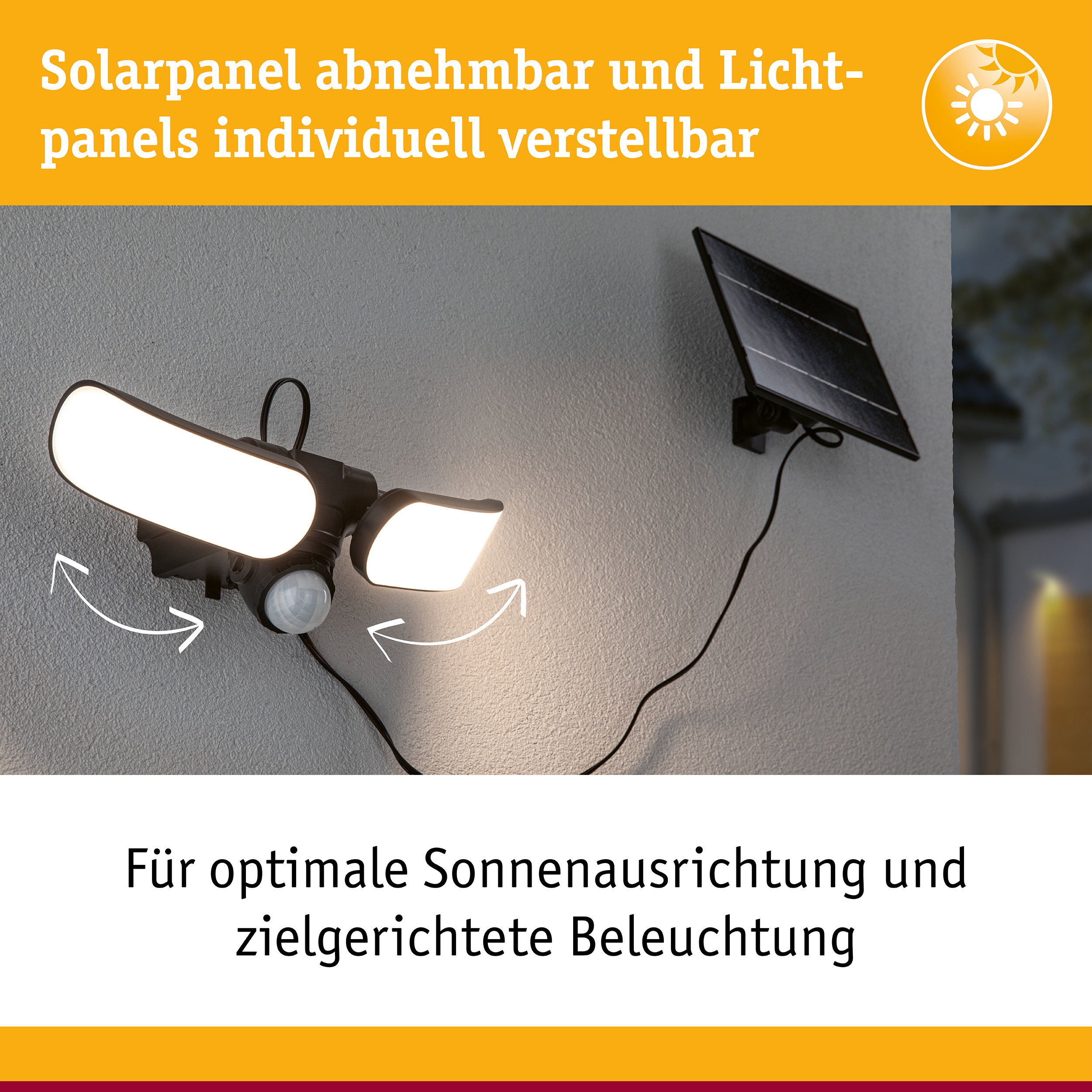 Solar LED Wandfluter Sonlig Dämmerungsgesteuerter Bewegungsmelder (IR) IP65 eckig 286x258mm 3000K 2x9W 2x1100lm 3,7V Anthrazit Kunststoff