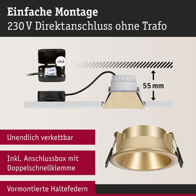 Goldfarbener Einbaustrahler aus Metall mit 55 mm Einbautiefe und Anschlussbox für einfache Montage