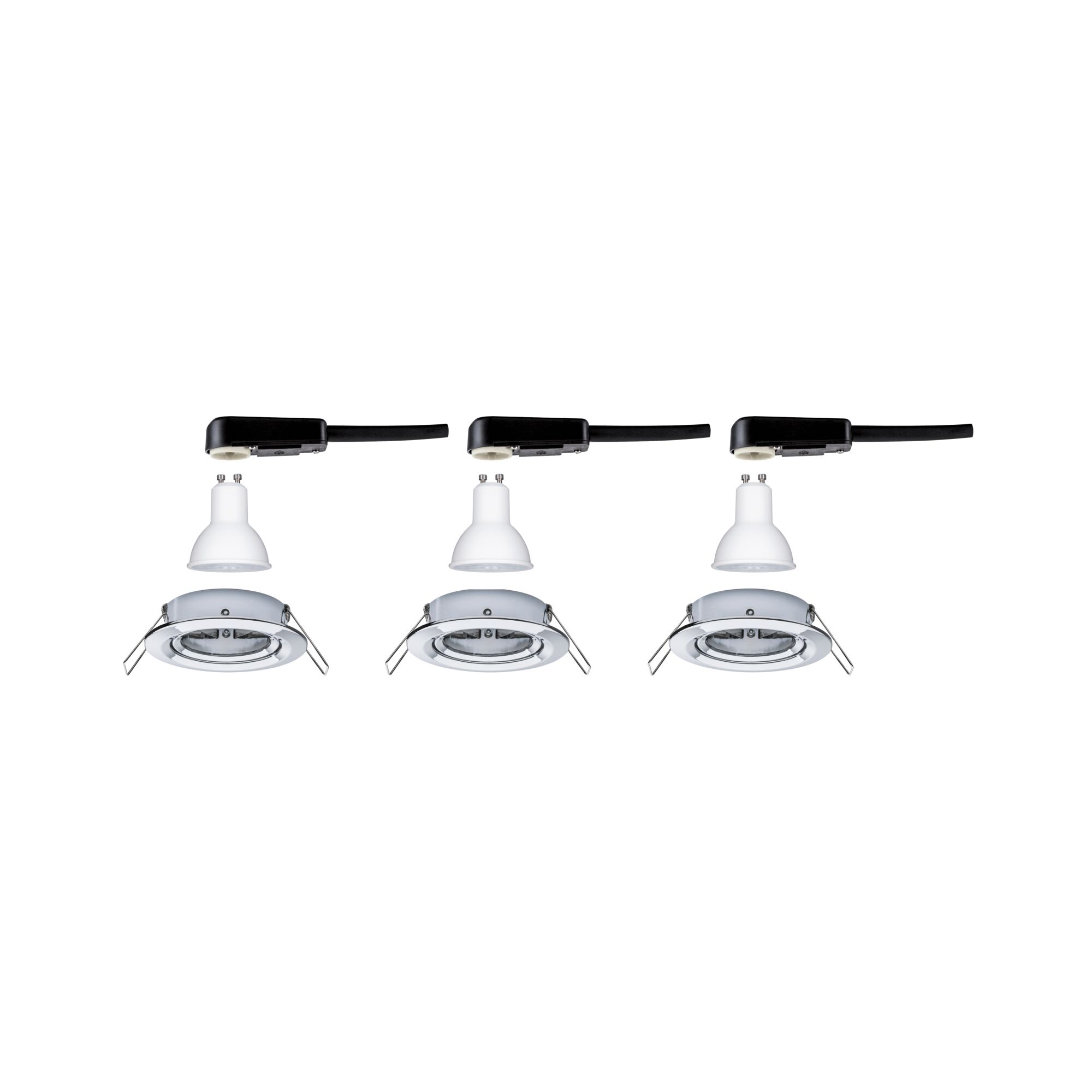 Three white GU10 LED bulbs with silver recessed frames and black connector cable for recessed spotlights